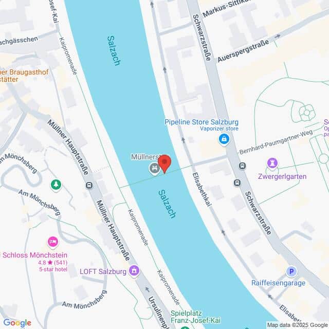 Lehrlingsportal.at Karte des Gebiets um die Müllner Steg-Brücke über die Salzach in Salzburg, Österreich, mit eingezeichneten Sehenswürdigkeiten und Straßen in der Nähe.