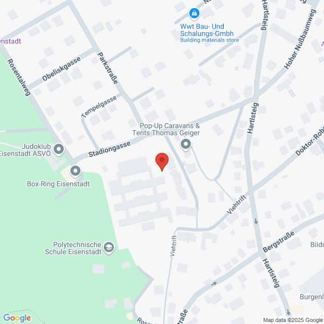 Lehrlingsportal.at Karte eines Teils von Eisenstadt, Österreich. Eine rote Markierung markiert einen bestimmten Ort in der Nähe der Stadiongasse und der Vemlinstraße. Zu den nahegelegenen Sehenswürdigkeiten zählen Schulen und Sportvereine.
