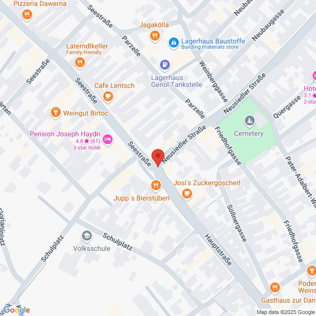 Lehrlingsportal.at Karte, die die Kreuzung von Seestraße und Neusiedler Straße in einer Stadt zeigt, in deren Nähe verschiedene Geschäfte, ein Friedhof und eine Schule markiert sind.