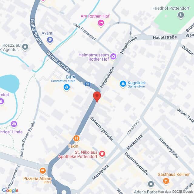 Lehrlingsportal.at Eine Karte, die einen Teil von Pottendorf, Österreich, mit beschrifteten Straßen, Geschäften und Sehenswürdigkeiten sowie einer Markierung auf der Esterházystraße in der Nähe der Hauptstraße zeigt.