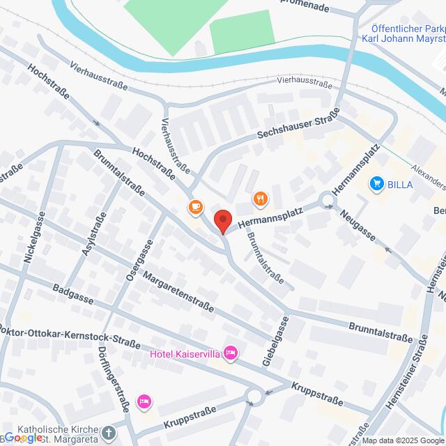 Lehrlingsportal.at Karte der Umgebung des Hermannsplatzes in Graz, Österreich, mit den umliegenden Straßen und bekannten Orten wie dem Hotel Kaiservilla und BILLA.
