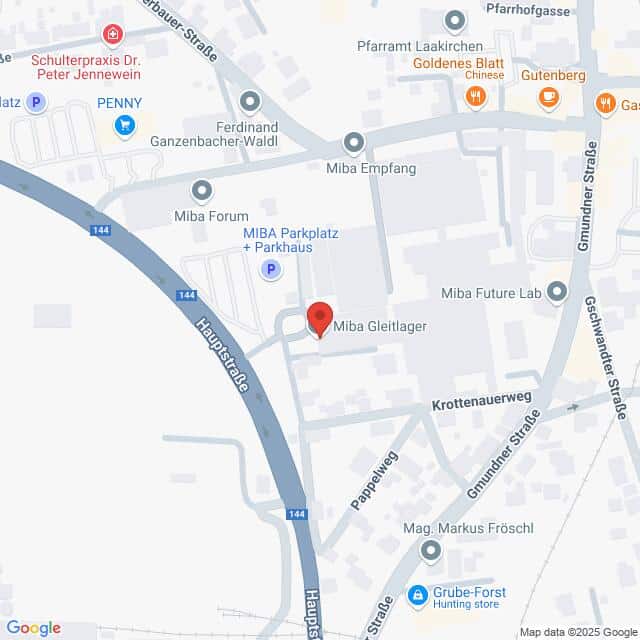 Lehrlingsportal.at Karte mit dem Standort des Miba Gleitlagers in der Nähe der Hauptstraße 144, mit Markierungen der umliegenden Straßen und Sehenswürdigkeiten, darunter MIBA Parkplatz und Miba Future Lab.