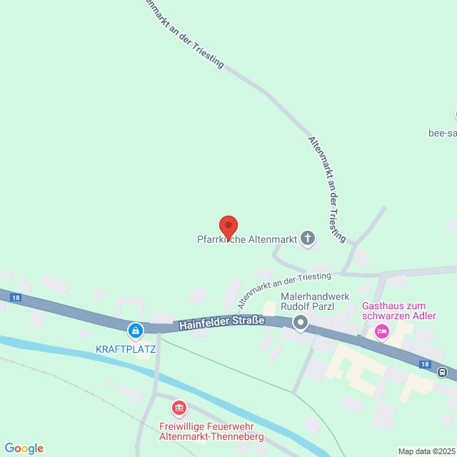 Lehrlingsportal.at Karte mit der Lage der Pfarrkirche Altenmarkt in der Nähe der Hainfelder Straße, in der Nähe des Kraftplatzes und des Gasthauses zum Schwarzen Adler in Altenmarkt, Österreich.