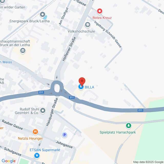 Lehrlingsportal.at Kartenansicht mit der Lage des BILLA-Supermarkts in der Nähe eines Kreisverkehrs in Bruck an der Leitha, Österreich, mit Markierungen nahegelegener Orientierungspunkte.