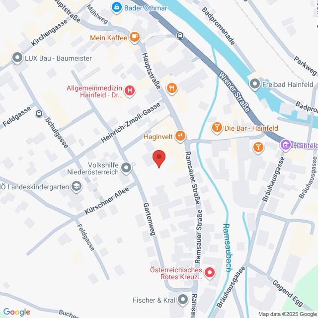 Lehrlingsportal.at Eine digitale Karte zeigt eine zentrale Markierung auf der Hauptstraße in der Nähe der Ramsauer Straße in Hainfeld, Österreich, und zeigt Geschäfte und Sehenswürdigkeiten in der Nähe.
