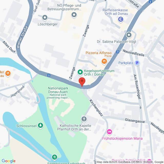 Lehrlingsportal.at Karte mit der Lage des Kegelsportzentrums Orth/Donau, in der Nähe des Nationalparks Donau-Auen und der Schlossinsel, mit Beschriftung der umliegenden Straßen und Sehenswürdigkeiten.