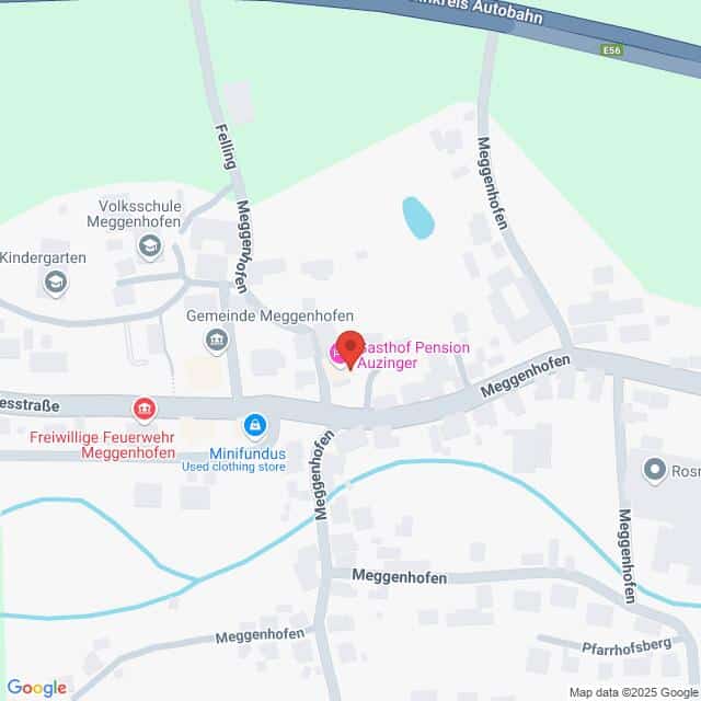 Lehrlingsportal.at Karte mit der Lage des Gasthofs Pension Auzinger in Meggenhofen, Österreich, in der Nähe lokaler Sehenswürdigkeiten wie einem Kindergarten, einer Feuerwehr und einem Secondhand-Laden.