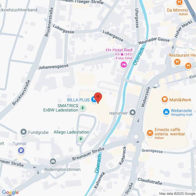 Lehrlingsportal.at Eine Karte zeigt einen Stadtausschnitt mit beschrifteten Straßen, Geschäften und Sehenswürdigkeiten, zentriert um BILLA PLUS und die EnBW Ladestation. Eine rote Standortmarkierung ist vorhanden.