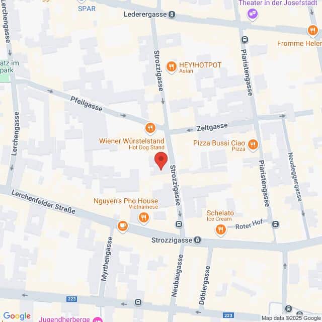 Lehrlingsportal.at Karte der Gegend um die StrozziGasse in Wien mit eingezeichneten Restaurants, Straßen und Sehenswürdigkeiten in der Nähe.
