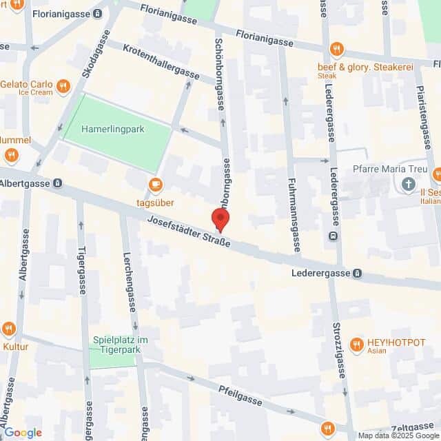 Lehrlingsportal.at Karte, die einen Teil von Wien, Österreich, mit der Josefstädter Straße im Zentrum zeigt, mit Beschriftung der umliegenden Straßen, Parks und Restaurants.