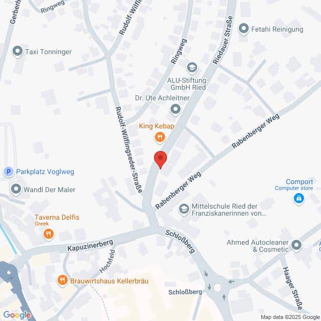 Lehrlingsportal.at Karte der Kreuzung von Rudolf-Willinger-Straße und Rabenberger Weg in einem Vorortgebiet mit Markierung der nahegelegenen Geschäfte und Sehenswürdigkeiten.
