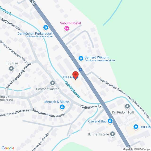 Lehrlingsportal.at Karte, die einen Abschnitt der Sürgütelstraße mit nahegelegenen Geschäften zeigt, darunter BILLA, ein Hostel, ein Möbelhaus, ein Modegeschäft und andere lokale Dienstleister.