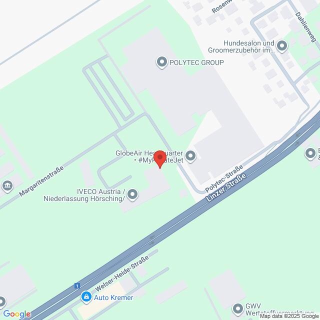 Lehrlingsportal.at Karte mit der Lage der GlobeAir-Zentrale in der Nähe der Polytec-Straße und der Linzer Straße, mit Kennzeichnung der umliegenden Unternehmen in Hörsching, Österreich.