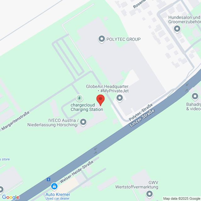 Lehrlingsportal.at Karte mit dem Standort des GlobeAir-Hauptsitzes und einer Ladestation in der Nähe der Polytec Straße und der Linzer Straße in Hörsching, Österreich.