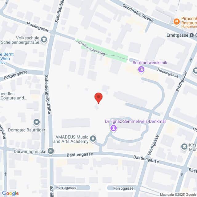 Lehrlingsportal.at Karte mit einem mit einer roten Stecknadel markierten Ort in der Nähe der Bastiengasse und Hockegasse in Wien, Österreich, mit eingezeichneten Sehenswürdigkeiten in der Nähe.