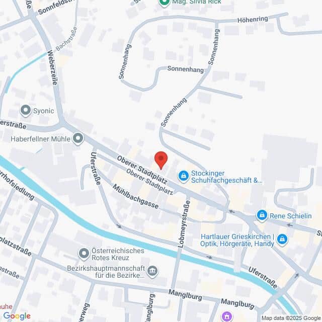 Lehrlingsportal.at Ein digitaler Stadtplan eines städtischen Gebiets in Österreich, der den Oberen Stadtplatz mit nahe gelegenen Straßen, Geschäften und Dienstleistungen durch Symbole und Beschriftungen markiert.