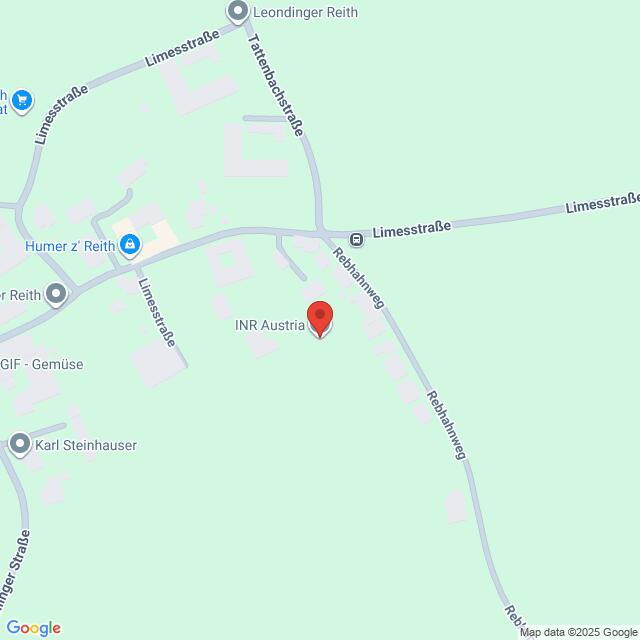 Lehrlingsportal.at Karte mit der Lage von INR Austria an der Kreuzung Limesstraße und Rebhahnweg, mit Beschriftung der umliegenden Sehenswürdigkeiten und Straßen.