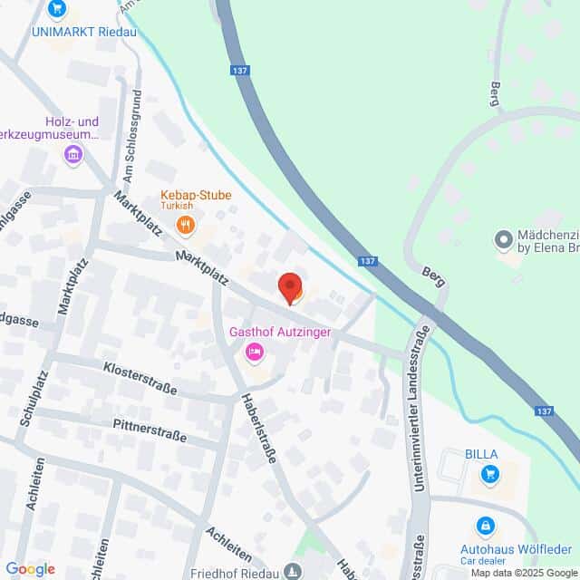 Lehrlingsportal.at Karte mit einem Abschnitt von Riedau, Österreich, mit Hervorhebung des Gasthofs Autzinger in der Nähe der Straßen Marktplatz und Unterinntal Landesstraße sowie der Beschriftung nahegelegener Unternehmen und Sehenswürdigkeiten.