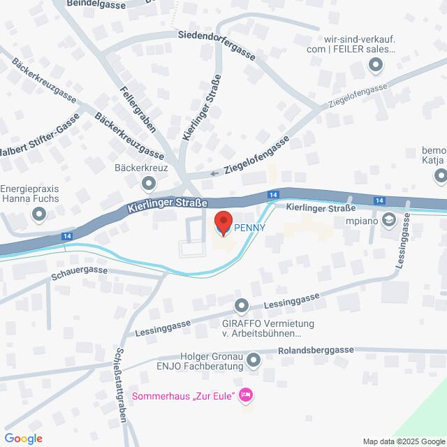 Lehrlingsportal.at Karte mit dem Standort eines PENNY-Supermarkts in der Kierlinger Straße, umgeben von umliegenden Straßen und Geschäften in der Umgebung.