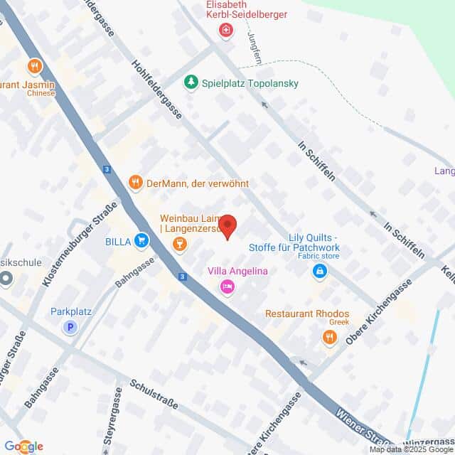 Lehrlingsportal.at Eine Karte, die den Standort von Weinbau Lang in Langenzersdorf zeigt, umgeben von Restaurants, Geschäften und umliegenden Straßen.