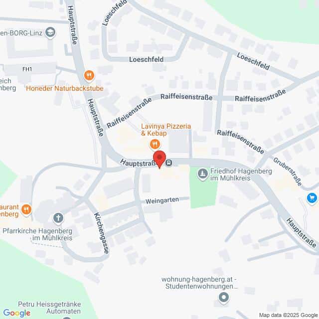 Lehrlingsportal.at Karte des zentralen Bereichs von Hagenberg im Mühlkreis, Österreich, mit hervorgehobenen Straßen, Geschäften und Sehenswürdigkeiten wie Lavinya Pizzeria & Kebap und Friedhof Hagenberg.