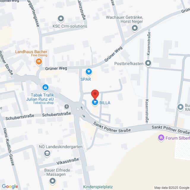 Lehrlingsportal.at Eine Karte, die den Standort von BILLA in der Sankt Pöltner Straße zeigt, mit Beschriftungen der umliegenden Geschäfte und Straßen, darunter SPAR und Tabak Trafik.