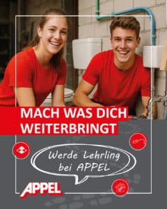 Lehrlingsportal.at Zwei junge Menschen in roten Hemden lächeln in die Kamera. Der deutsche Text wirbt für die Lehrstellen bei Appel und fördert den beruflichen Aufstieg.