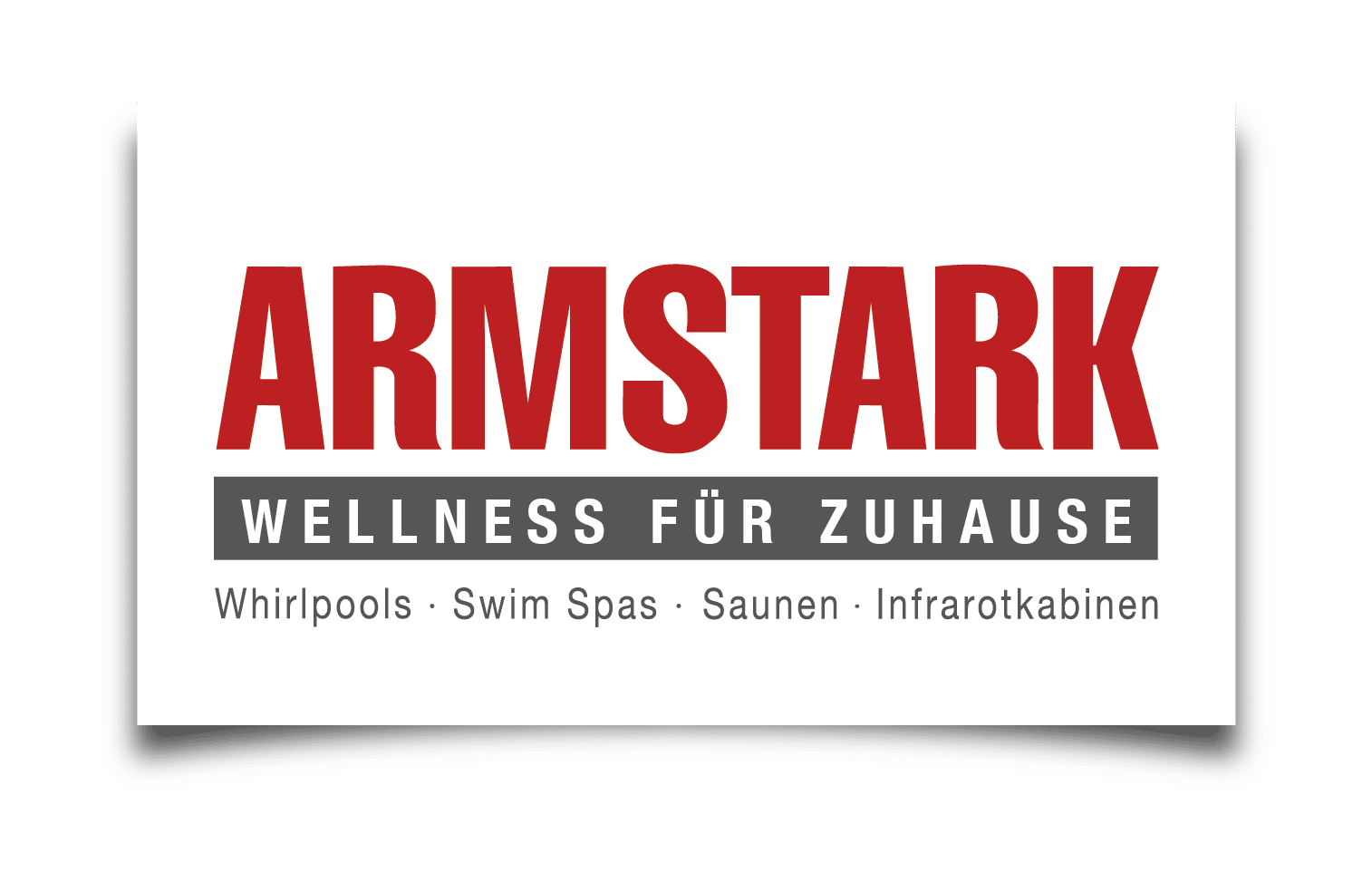 Lehrlingsportal.at Logo für ARMSTARK mit dem Slogan „Wellness für Zuhause“ und zusätzlichem Text mit Auflistung von Whirlpools, Swim Spas, Saunen und Infrarotkabinen.