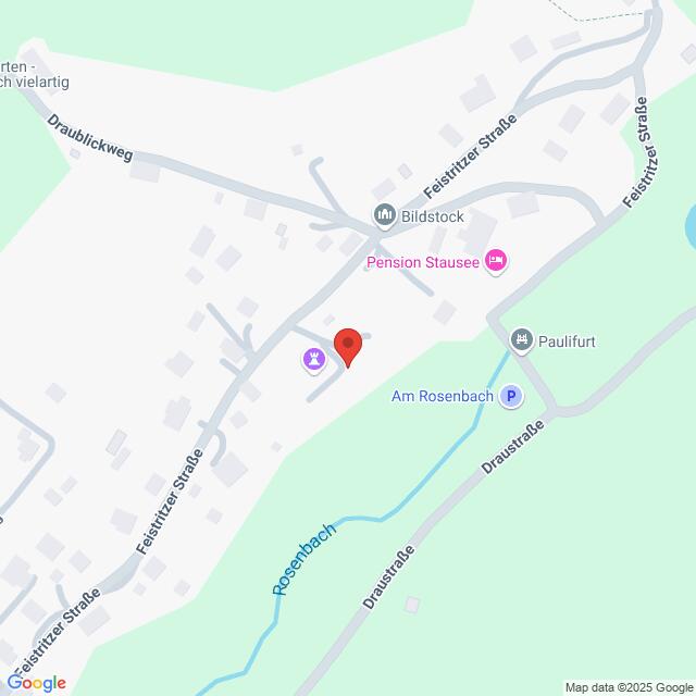Lehrlingsportal.at Eine Karte, die einen Abschnitt der Feistritzstraße in Österreich zeigt, mit Markierungen für die Pension Stausee, Paulifurt, Am Rosenbach und nahegelegene Straßen sowie den Rosenbach.
