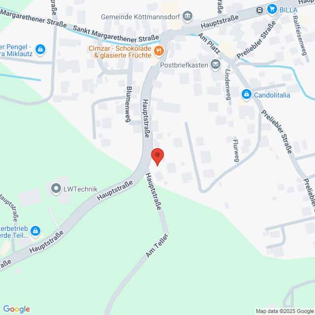 Lehrlingsportal.at Eine Karte, die den Standort der Hauptstraße in Köttmannsdorf, Österreich, mit Beschriftung der umliegenden Straßen und Geschäfte zeigt.