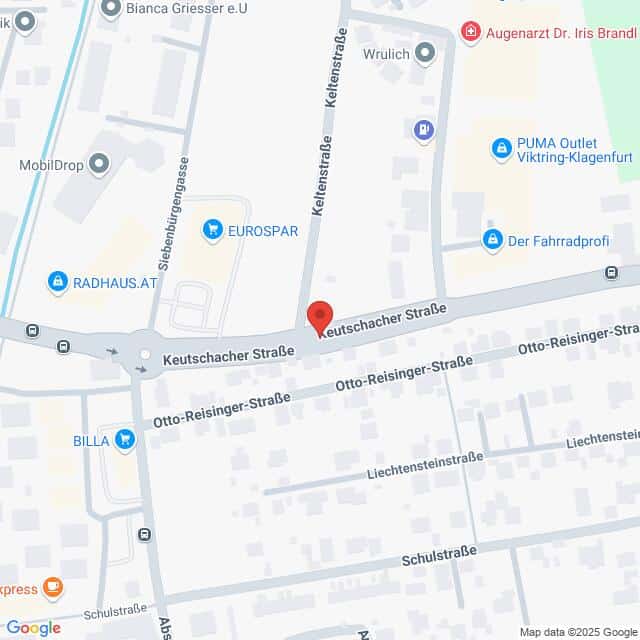 Lehrlingsportal.at Karte der Kreuzung von Keutschacher Straße, Kettenstraße und Otto-Reisinger-Straße in Viktring, Klagenfurt, Österreich, mit Beschriftung der umliegenden Geschäfte.