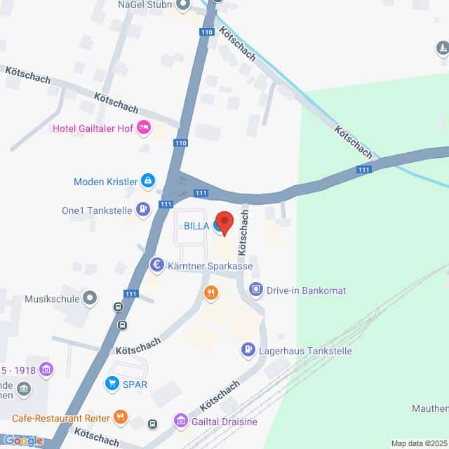 Lehrlingsportal.at Karte mit einem Ausschnitt von Kötschach mit Markierungen für BILLA, Kärntner Sparkasse, SPAR, Hotels und nahegelegene Straßen, einschließlich Kötschach und die Straße 111.