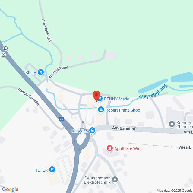 Lehrlingsportal.at Karte mit der Lage von PENNY Markt mit nahegelegenen Geschäften wie Robert Franz Shop, KIK Wies, Apotheke Wies, BILLA, und HOFER in Wies, Österreich.