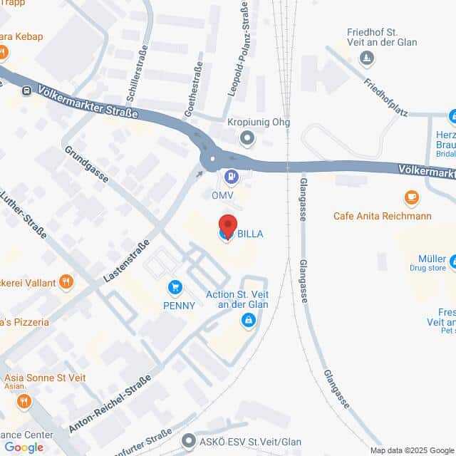 Lehrlingsportal.at Eine Karte, die einen Abschnitt von Sankt Veit an der Glan, Österreich, mit Markierungen für Unternehmen wie BILLA, PENNY und Café Anita Reichmann in der Nähe der Völkermarkter Straße zeigt.