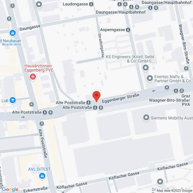 Lehrlingsportal.at Kartenansicht der Kreuzung Eggenberger Straße und Alte Poststraße in Graz, Österreich, mit Beschriftung der umliegenden Geschäfte und Straßennamen.