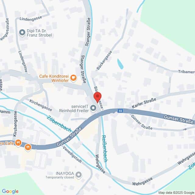 Lehrlingsportal.at Eine Karte mit Straßen und Sehenswürdigkeiten im Stadtzentrum, darunter die Günser Straße, die Kirchengasse und nahe gelegene Geschäfte wie das Cafe Konditorei Winhoefer.