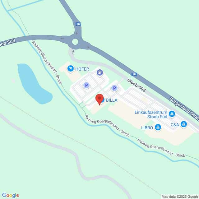 Lehrlingsportal.at Eine Karte zeigt das Einkaufszentrum Stoob Süd mit Geschäften wie HOFER, BILLA, C&A und LIBRO in der Nähe von Stoob-Süd und Burgerland Straße.