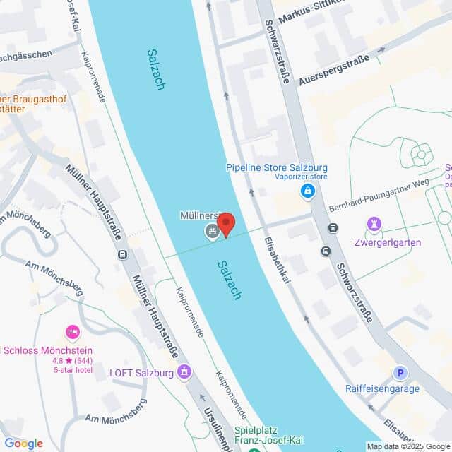 Lehrlingsportal.at Karte des Gebiets um die Müllner Steg-Brücke über die Salzach in Salzburg, Österreich, mit eingezeichneten Sehenswürdigkeiten und Straßen in der Nähe.