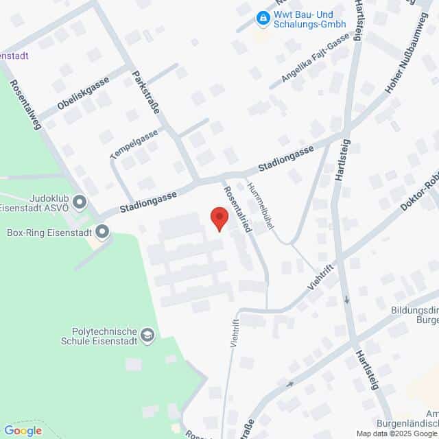 Lehrlingsportal.at Eine Karte, die einen Teil von Eisenstadt, Österreich, zeigt und Rosenstadt und nahegelegene Straßen wie Stadiongasse, Viehtrift, Parkstraße sowie Bildungseinrichtungen hervorhebt.
