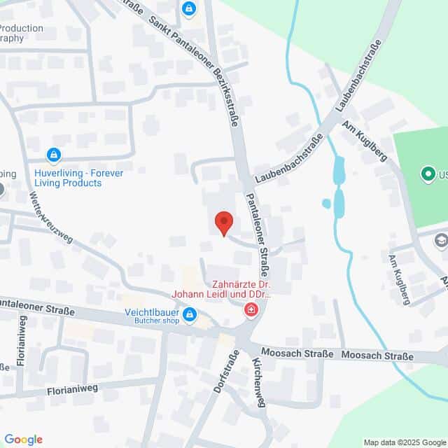 Lehrlingsportal.at Eine Karte, die die Kreuzung der Pantaleoner Straße und nahegelegener Straßen in einem Wohngebiet zeigt, auf der mehrere Geschäfte und Sehenswürdigkeiten markiert sind.