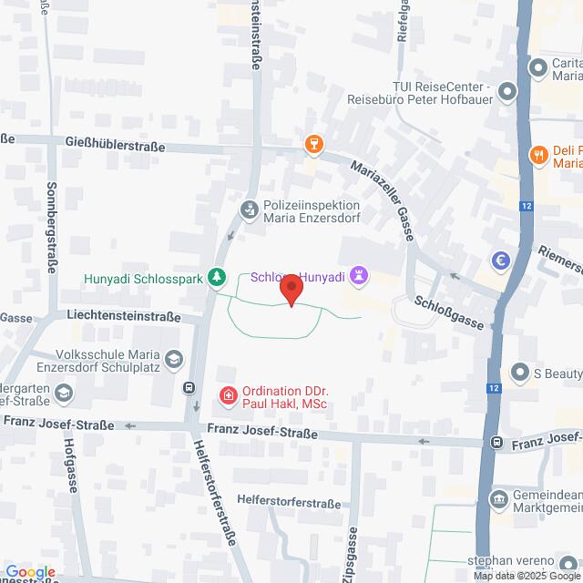 Lehrlingsportal.at Eine Karte zeigt die Lage von Schlosspark Hunyadi und die umliegenden Straßen in Maria Enzersdorf, Österreich, mit Markierungen für wichtige Orte wie Ordination Dr. Paul Hakl und Polizeistation.