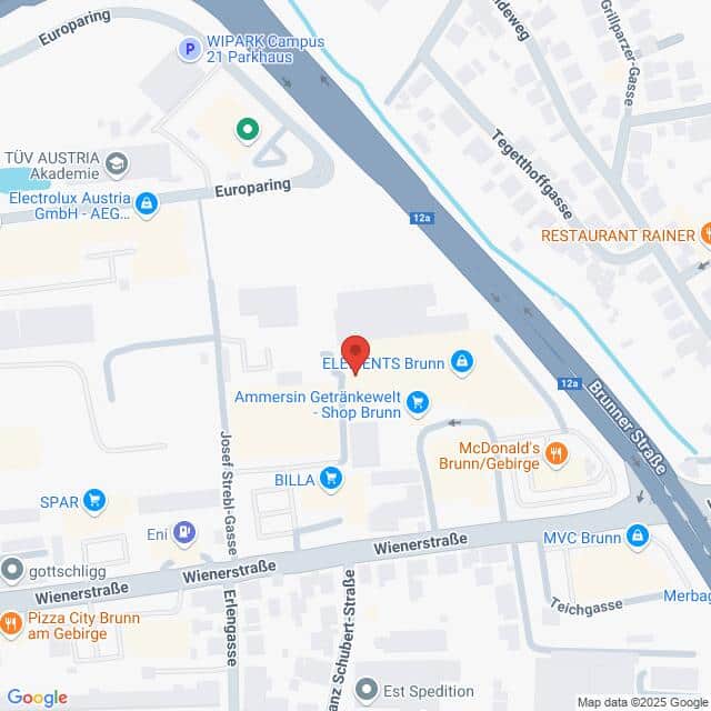 Lehrlingsportal.at Eine Kartenansicht, die den Standort von „ELEMENTS Brunn“ in der Nähe der Wienerstraße und des Europarings in Brunn am Gebirge, Österreich, mit Beschriftung der umliegenden Geschäfte und Straßen zeigt.