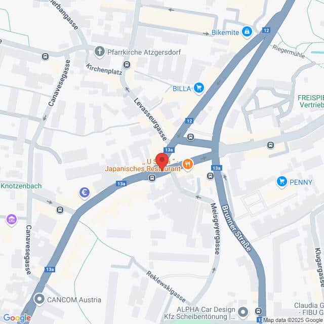 Lehrlingsportal.at Karte eines zentralen Stadtgebiets mit eingezeichneten Orten, Straßen und Geschäften, einschließlich eines japanischen Restaurants, Lebensmittelgeschäften und nahe gelegenen Straßen.