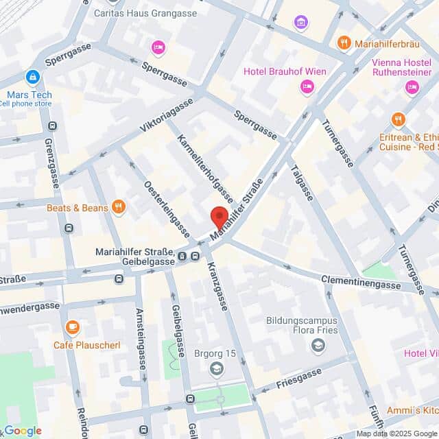 Lehrlingsportal.at Karte der Gegend um die Mariahilfer Straße in Wien, Österreich, mit eingezeichneten Straßen und bemerkenswerten Orten in der Nähe.