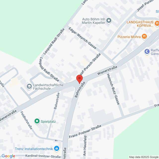 Lehrlingsportal.at Eine digitale Karte zeigt einen Ausschnitt eines Stadtteils in Österreich mit beschrifteten Straßen und einer roten Stecknadel, die einen Punkt auf der Bahnstraße nahe der Kreuzung mit der Wienerstraße markiert.