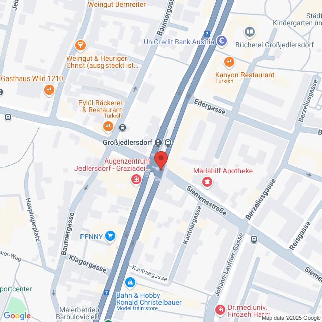 Lehrlingsportal.at Karte, die einen Abschnitt von Großjedlersdorf, Wien, Österreich, zeigt, mit eingezeichneten Geschäften, Straßen und Sehenswürdigkeiten in der Nähe, darunter PENNY, Mariahilf-Apotheke und UniCredit Bank Austria.