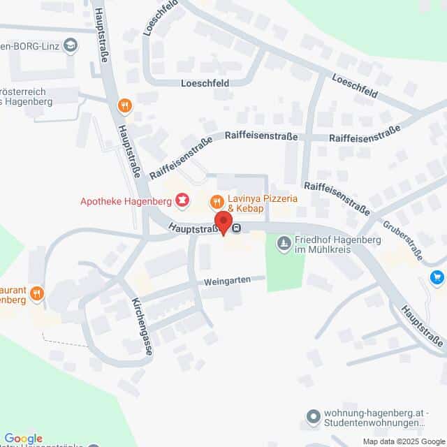 Lehrlingsportal.at Karte des Zentrums von Hagenberg, Österreich, mit Markierungen für eine Apotheke, eine Pizzeria und einen Friedhof entlang der Hauptstraße und der Raiffeisenstraße. Nahegelegene Straßen und Orte sind beschriftet.
