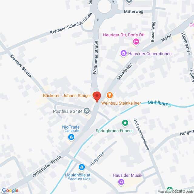Lehrlingsportal.at Karte, die einen zentralen Standort in einer Stadt mit markierten Punkten für eine Bäckerei, ein Weingeschäft, ein Postamt und andere Geschäfte und Straßen in der Nähe zeigt.