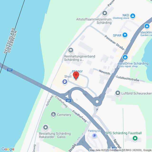 Lehrlingsportal.at Kartenansicht eines Teils von Schärding, Österreich, mit Straßen, Unternehmen wie PENNY und Shell sowie Sehenswürdigkeiten wie einem Friedhof und dem SPG Schärding Faustball.