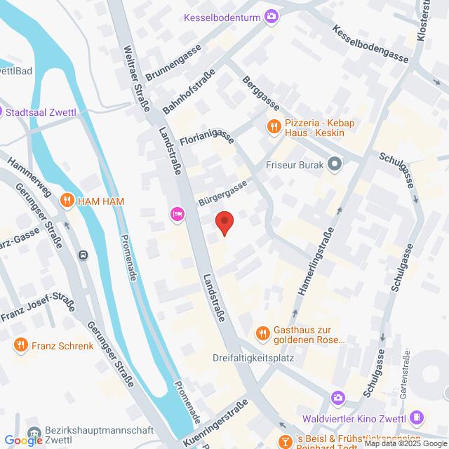 Lehrlingsportal.at Digitale Karte mit Straßen und Sehenswürdigkeiten in Zwettl, Österreich, einschließlich Landstraße, Bürgergasse, Restaurants und öffentlichen Plätzen. Eine rote Standortmarkierung befindet sich in der Mitte der Karte.